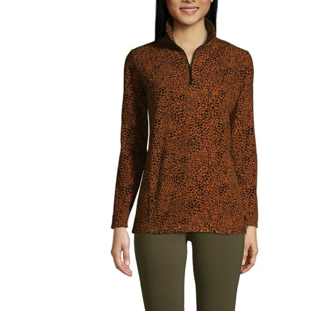 Lands' End Pullover Fleece Size M Brown Black Animal Print 3/4 Zip Long Sleeve